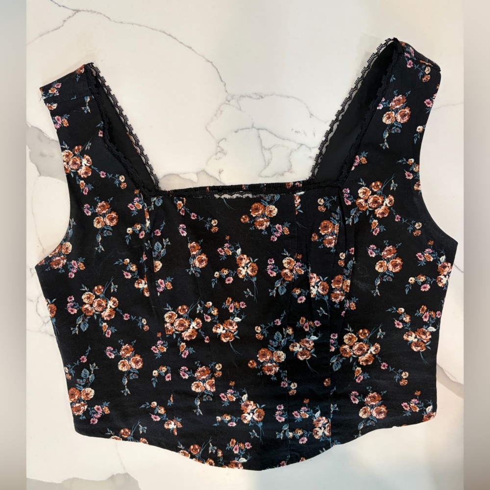 Black Floral Square-Neck Tank Top